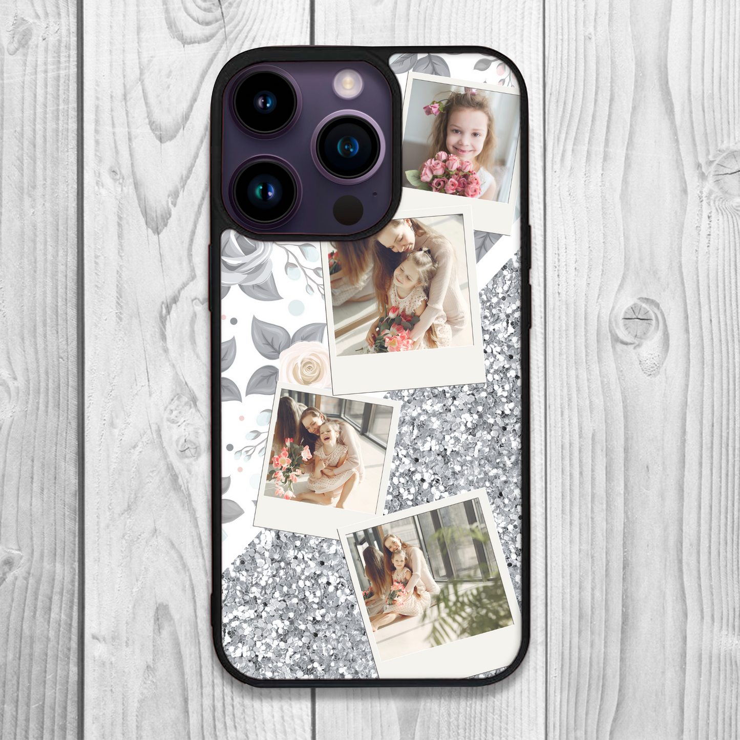 Winter Wonderland Floral and Chunky Glitter Personalised Photo Collage Case