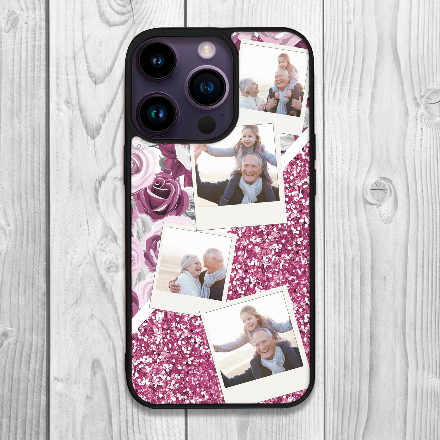 Ruby Romantic Floral and Chunky Glitter Personalised Photo Collage Case