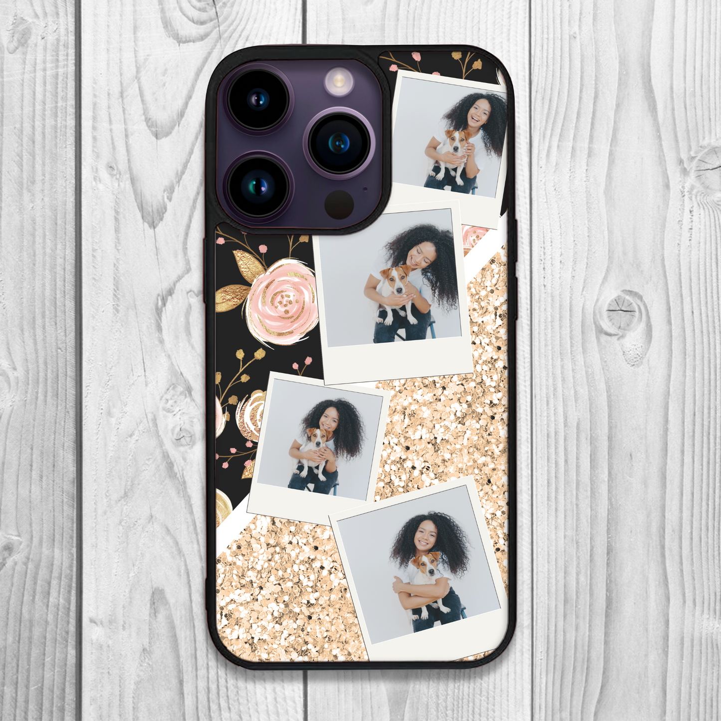 Into The Gold Floral and Chunky Glitter Personalised Photo Collage Case