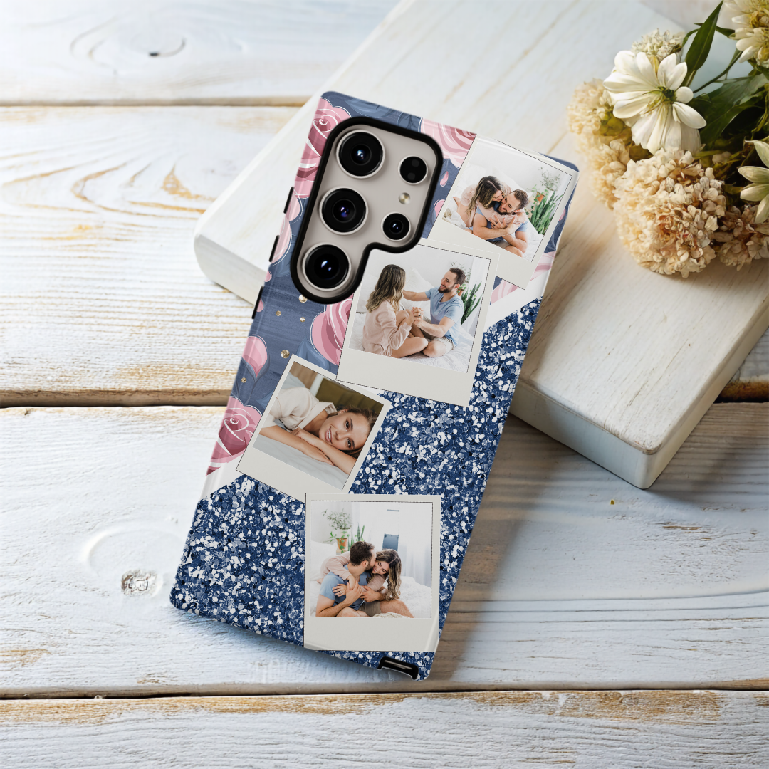 Watercolour Floral and Chunky Glitter Personalised Photo Collage Case