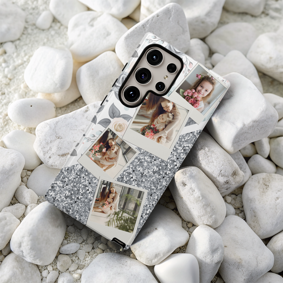 Watercolour Floral and Chunky Glitter Personalised Photo Collage Case
