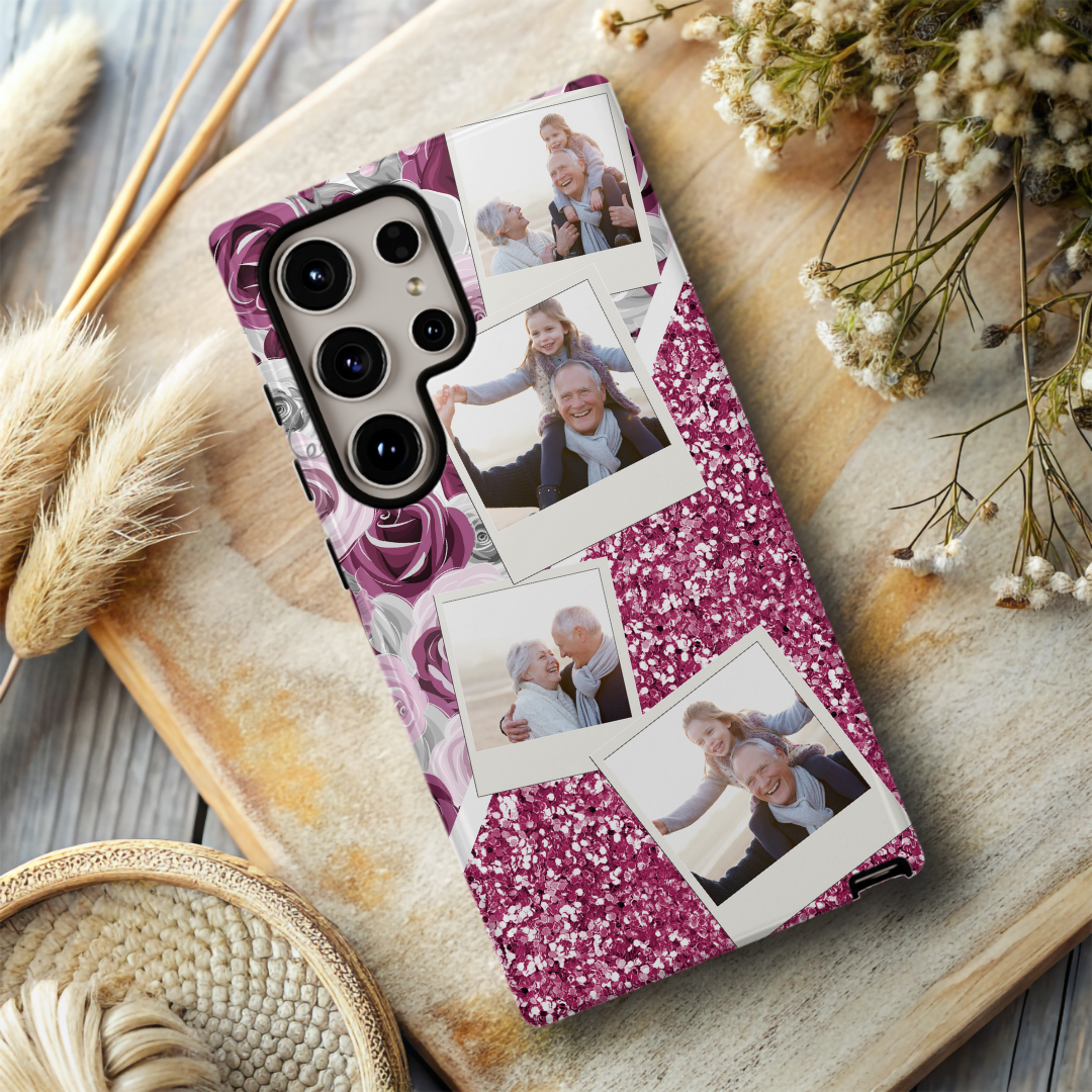 Watercolour Floral and Chunky Glitter Personalised Photo Collage Case