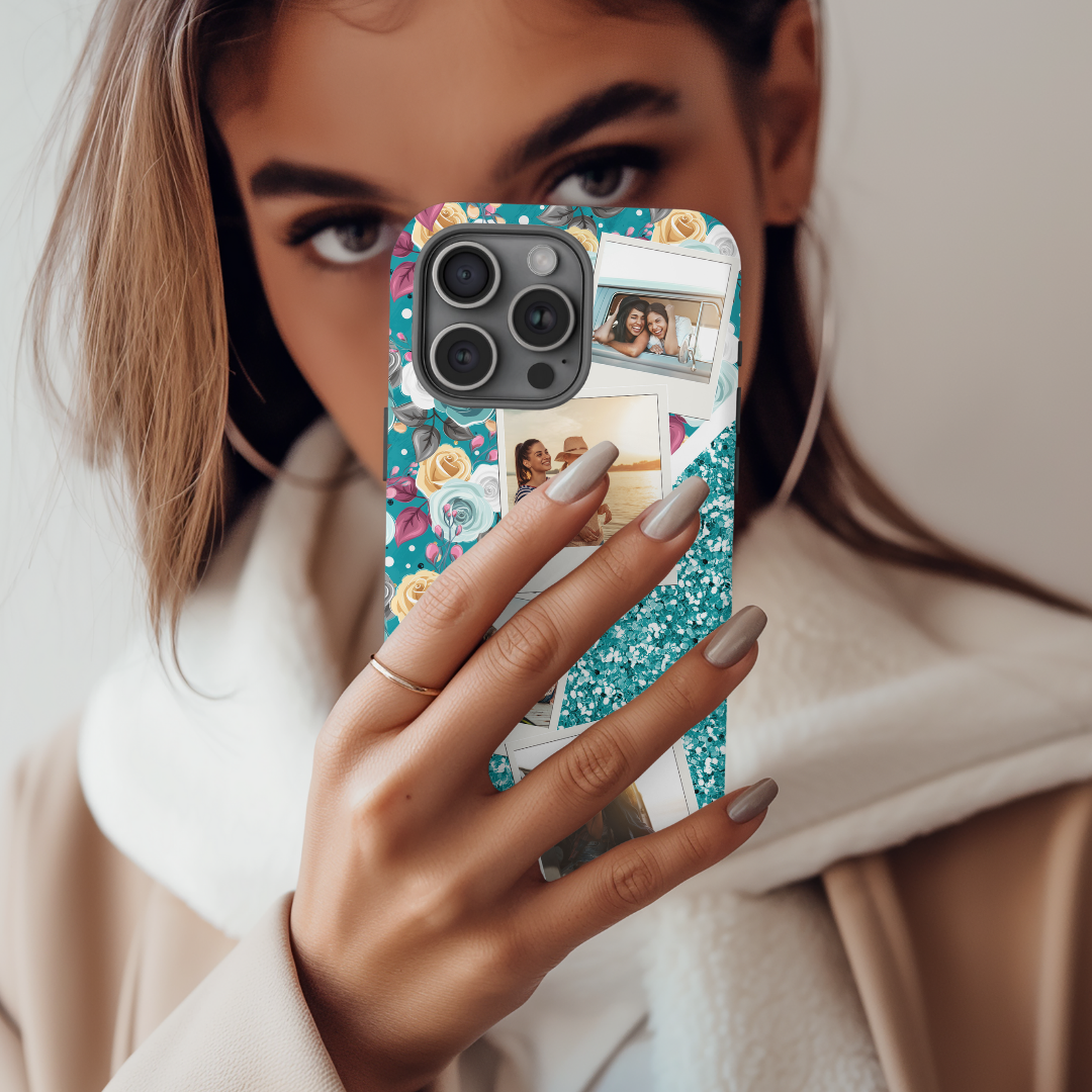 Watercolour Floral and Chunky Glitter Personalised Photo Collage Case