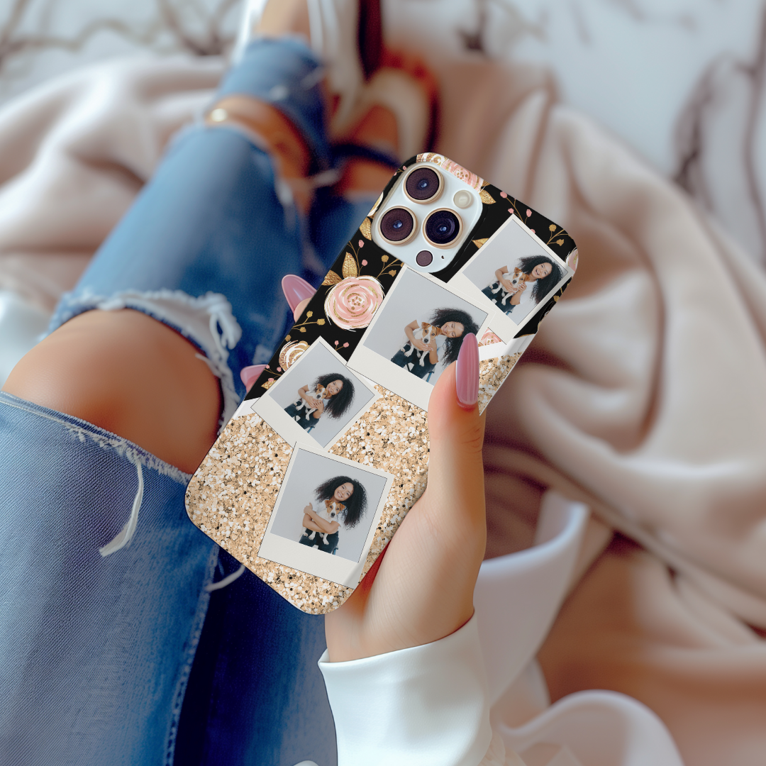 Watercolour Floral and Chunky Glitter Personalised Photo Collage Case