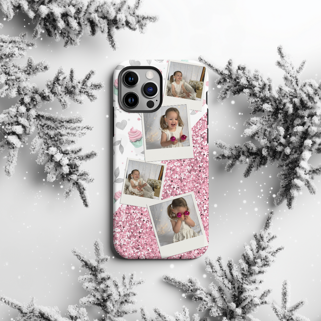 Watercolour Floral and Chunky Glitter Personalised Photo Collage Case