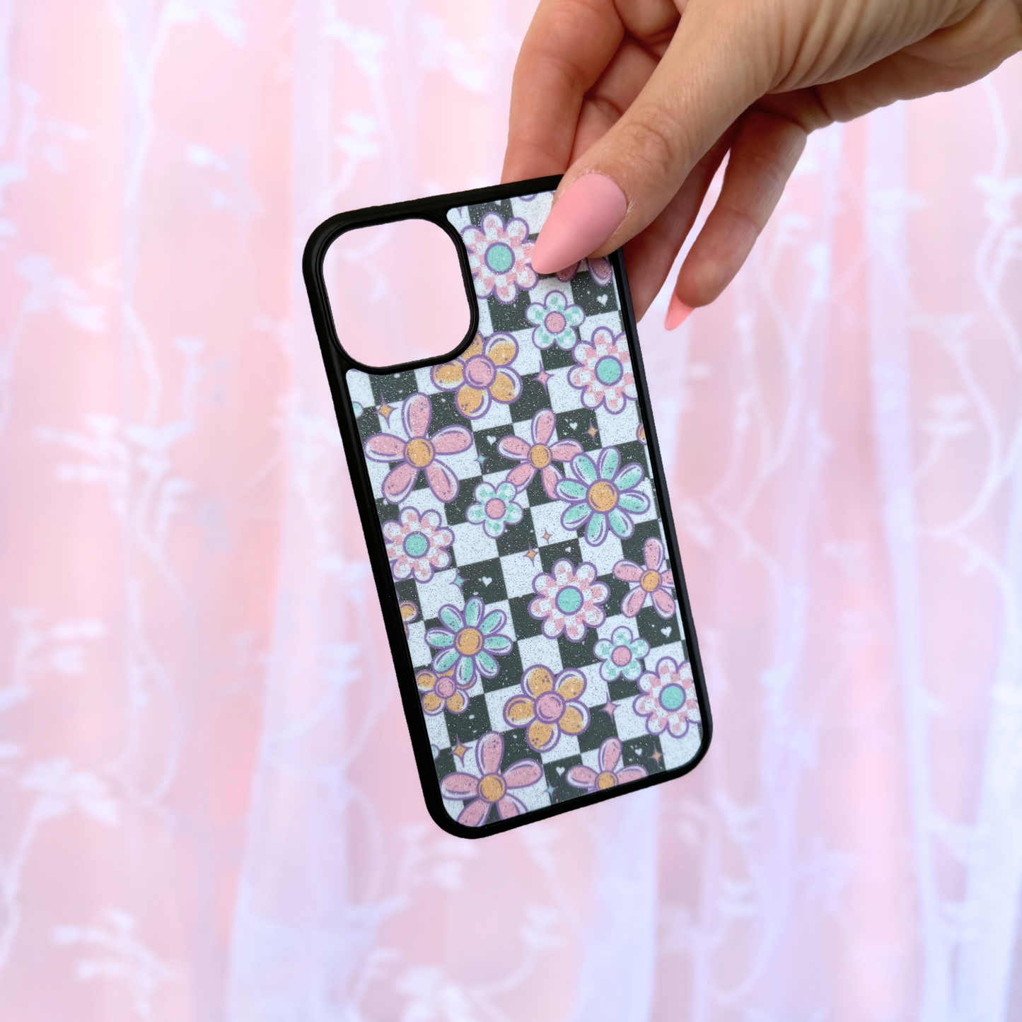 Glitter Funky Checker Floral Phone Case