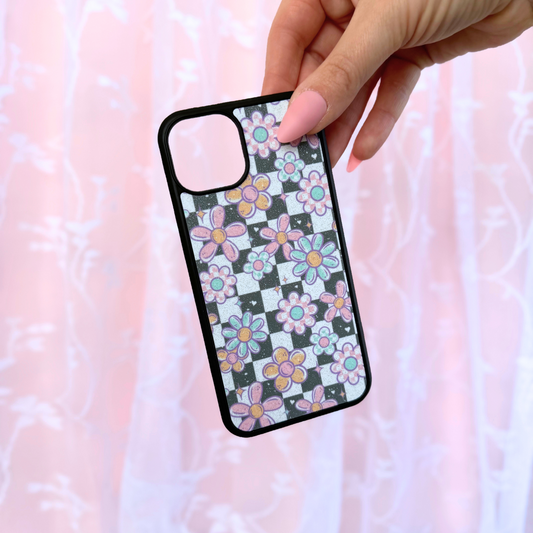 Glitter Funky Checker Floral Phone Case