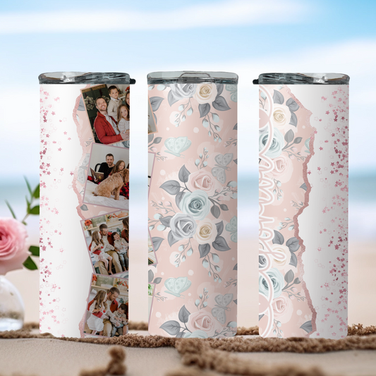 Personalised Butterfly Blush Floral Photo Collage 20oz Skinny Tumbler